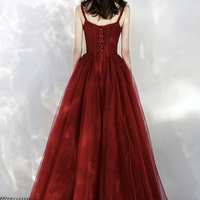 Burgundy tulle long A line prom dress evening dress - Thumbnail 5