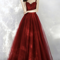 Burgundy tulle long A line prom dress evening dress - Thumbnail 7