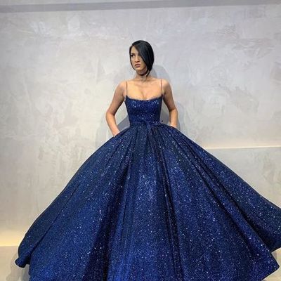 Ball gown scoop neck royal blue sequin prom dresses