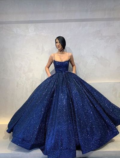 Ball Gown Scoop Neck Royal Blue Sequin Prom Dresses
