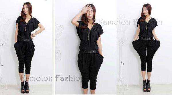 1010 One Piece Long V-Neck Pocket Jumpsuits Romper Chiffon Blouse Dress