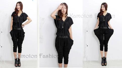 1010 One Piece Long V-Neck Pocket Jumpsuits Romper Chiffon Blouse Dress