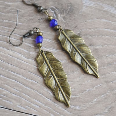 Brass leaf earrings, leaf charms, cobalt blue beads, leaf earrings - Thumbnail 5