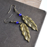 Brass Leaf Earrings, Leaf Charms, Cobalt Blue Beads, Leaf Earrings - Thumbnail 1