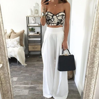 White fashion high waist long pants