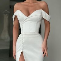 Mermaid Off the Shoulder White Satin Long Prom Dresses with High Slit - Thumbnail 1