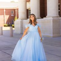 Princess A-Line Off the Shoulder Blue Tulle Long Prom Dresses with Slit - Thumbnail 1