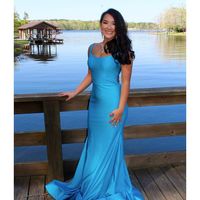 Charming Mermaid Scoop Neck Lake Blue Satin Long Prom Dresses - Thumbnail 2