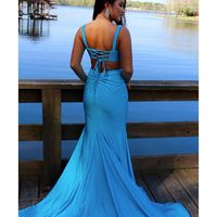 Charming Mermaid Scoop Neck Lake Blue Satin Long Prom Dresses - Thumbnail 1