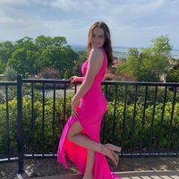 Mermaid V Neck Hot Pink Satin Long Prom Dresses with Slit - Thumbnail 1
