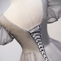 Gray v neck tulle long A line prom dress evening dress - Thumbnail 2