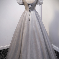 Gray v neck tulle long A line prom dress evening dress - Thumbnail 3