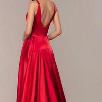 A-Line V Neck Red Satin Long Prom Dresses with Pockets - Thumbnail 2