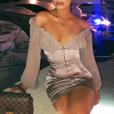 Ladies v-neck long-sleeved single-breasted dress - Thumbnail 4