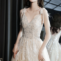 Champagne v neck tulle beads long prom dress evening dress - Thumbnail 2
