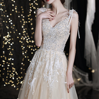 Champagne v neck tulle beads long prom dress evening dress - Thumbnail 3