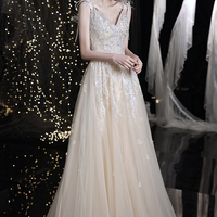 Champagne v neck tulle beads long prom dress evening dress - Thumbnail 4