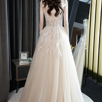 Champagne v neck tulle beads long prom dress evening dress - Thumbnail 5