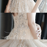 Champagne v neck tulle beads long prom dress evening dress - Thumbnail 7