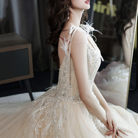 Champagne v neck tulle beads long prom dress evening dress - Thumbnail 8