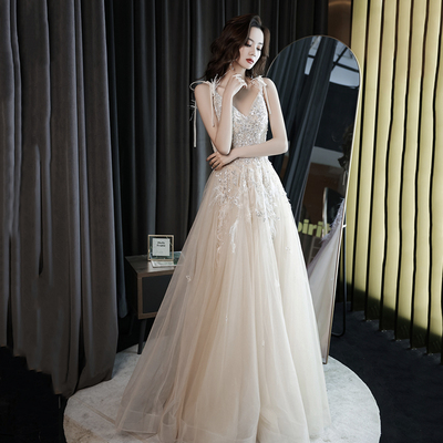 Champagne v neck tulle beads long prom dress evening dress - Thumbnail 3