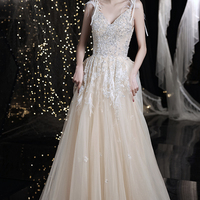 Champagne v neck tulle beads long prom dress evening dress - Thumbnail 1