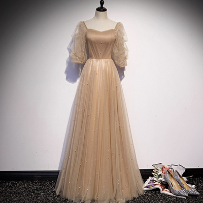 Cute tulle beads long a line prom dress evening dress - Thumbnail 5