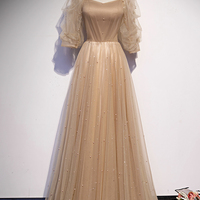 Cute tulle beads long A line prom dress evening dress - Thumbnail 6