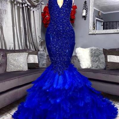 Royal blue feathers mermaid prom dress, 2021 elegant cut-out high neck applique beaded prom dresses, plus size african graduation evening gowns,945