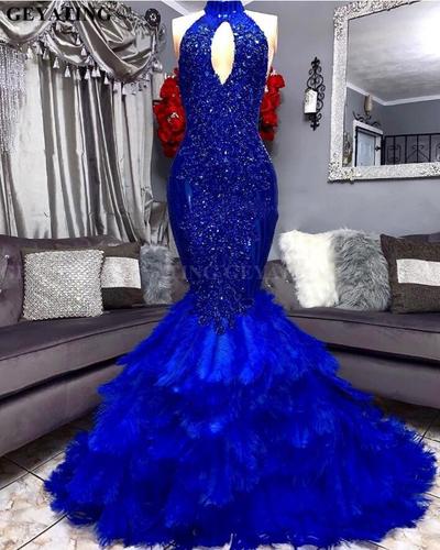 Royal Blue Feathers Mermaid Prom Dress, 2021 Elegant Cut-out High Neck Applique Beaded Prom Dresses, Plus Size African Graduation Evening Gowns,945