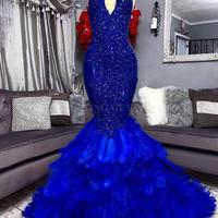 Royal Blue Feathers Mermaid Prom Dress, 2021 Elegant Cut-out High Neck Applique Beaded Prom Dresses, Plus Size African Graduation Evening Gowns,945 - Thumbnail 2