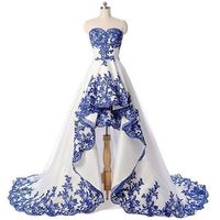 Strapless High low White Satin prom Dress Lace Appliques Women Evening Dress,946 - Thumbnail 2