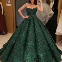 Elegant Emerald Sequins Lace Appliques Prom Dress, Off the shoulder Sweetheart Ball Gown Sweet 16 Dress, Quinceanera Dresses,948 - Thumbnail 1