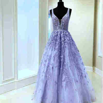 Gorgeous v-neck tulle lavender long prom dress with lace appliques,424 - Thumbnail 4