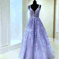 Gorgeous V-Neck Tulle Lavender Long Prom Dress with Lace Appliques,424 - Thumbnail 1