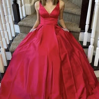 A-Line V Neck Red Satin Long Prom Dresses with Pockets,425 - Thumbnail 2