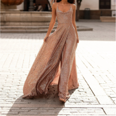 Rose gold a-line sequin prom gown with cowl neck & side slit,426 - Thumbnail 5