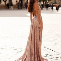 Rose Gold A-Line Sequin Prom Gown with Cowl Neck & Side Slit,426 - Thumbnail 2