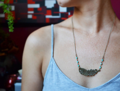 Feather Bohemian Necklace,Boho Jewelry, Mint Czech Beads