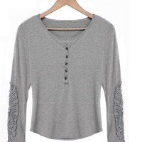 Long-Sleeved Round Neck LaceT-Shirt - Thumbnail 2