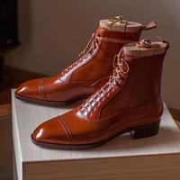 Best Brown Cap Toe Ankle High Lace Up Leather Boot   - Thumbnail 1