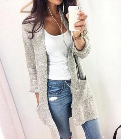 Long-Sleeved Knit Cardigan Sweater Jacket