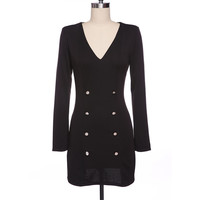 V-Neck Fashion Black Long-Sleeved Dress - Thumbnail 2