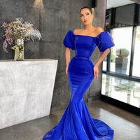 Sparkly Mermaid Long Sleeves Royal Blue Satin Prom Dresses - Thumbnail 1