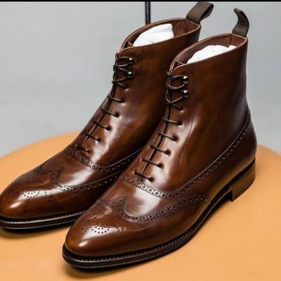 New handmade dark brown wingtip ankle high boot, brogue leather lace up boot