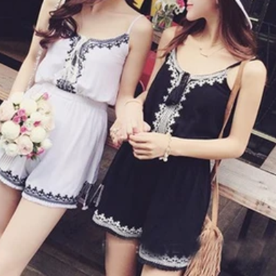 Design embroidered suspenders jumpsuits