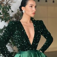 Glitter A-Line V Neck Long Sleeve Burgundy Sequin Satin Skirt Long Prom Dresses with Slit and Pockets - Thumbnail 2