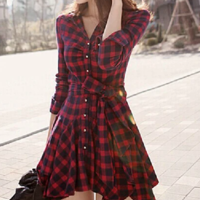 Design Slim Plaid Long-Sleeved Dress - Thumbnail 1