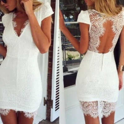 V-neck sexy white short sleeve lace dress - Thumbnail 5