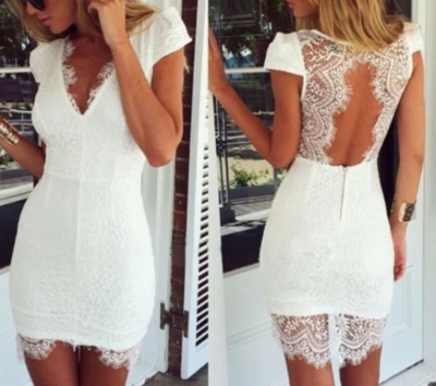 V-Neck Sexy White Short Sleeve Lace Dress